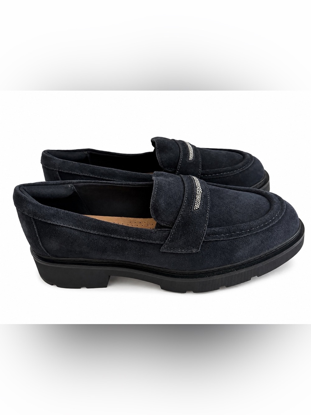 Clarks Lauryl Step Women’s Round Toe Loafers Navy Suede Shoes 8.5 Wide